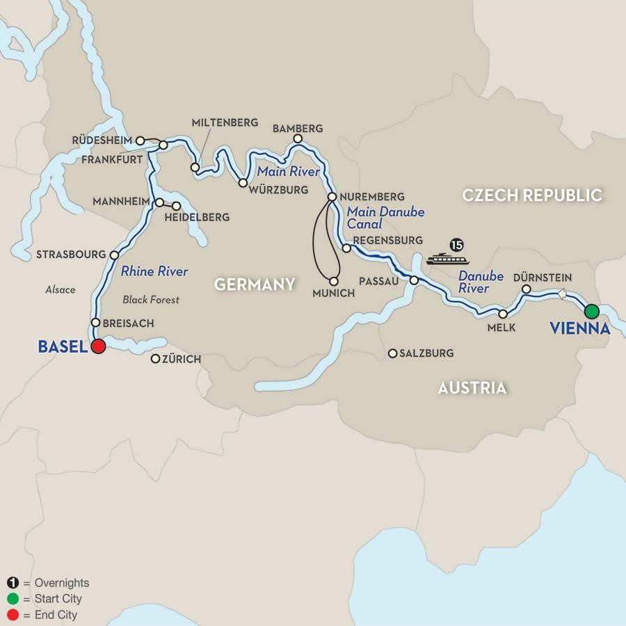Mapa del río danubio, Viena